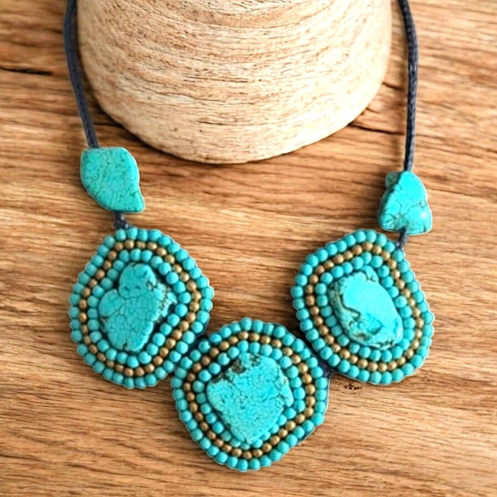 Handcrafted Turquoise and Beaded Statement Necklace Bold Bright Boho - Picture 2 of 11
